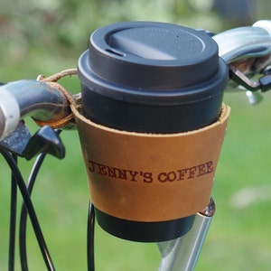 Personalized leather bike coffee cup holder with reusable cup, cycling gift, bike gift, reusable gift, Mother's Day gift, Mothering Sunday