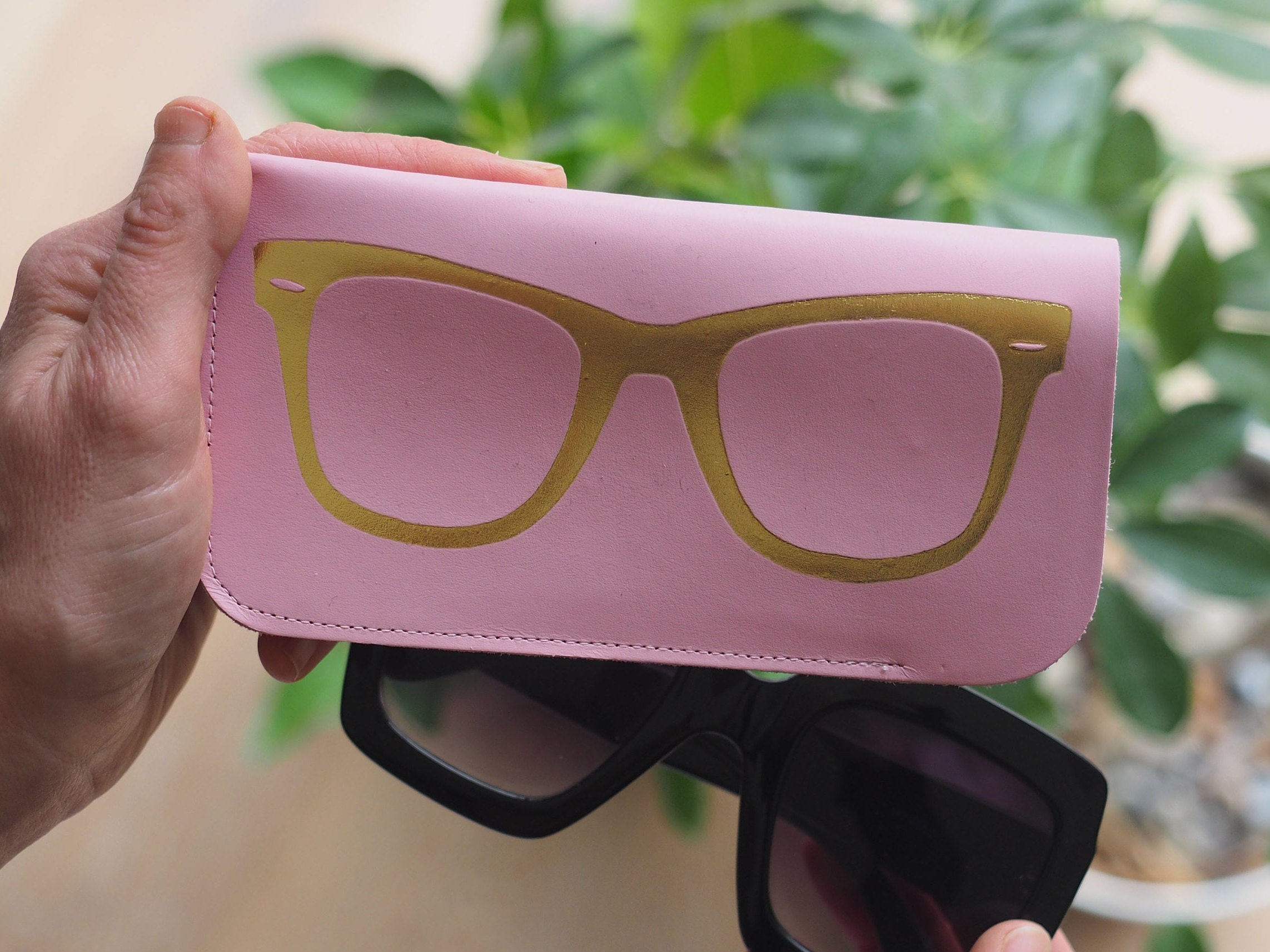 Leather Sunglasses Case in Pink and Gold Glasses Case Leather image