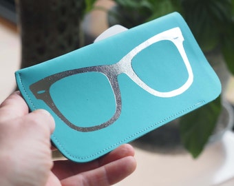 Turquoise Leather glasses case with silver foil glasses frame image, sunglasses case, soft glasses case, holiday gift, Mother's Day