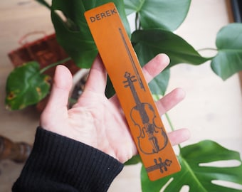 Violinists Leather Bookmark, personalised leather bookmark with violin