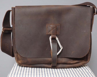Mens leather bag, Carabiner satchel bag