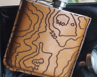 Personalized Tan Leather Hip Flask: Topographic Map Gift Box