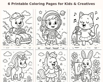 6 druckbare Ausmalseiten für Kinder – süße Tier- und Fantasy-Malerei von Fay Art