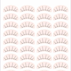 Puede incluir: Fondo blanco con el texto "LASH MAPPING" en la parte superior. La imagen presenta filas de diagramas de pestañas estilizadas en color rosa claro, cada una con líneas negras que representan pestañas individuales.