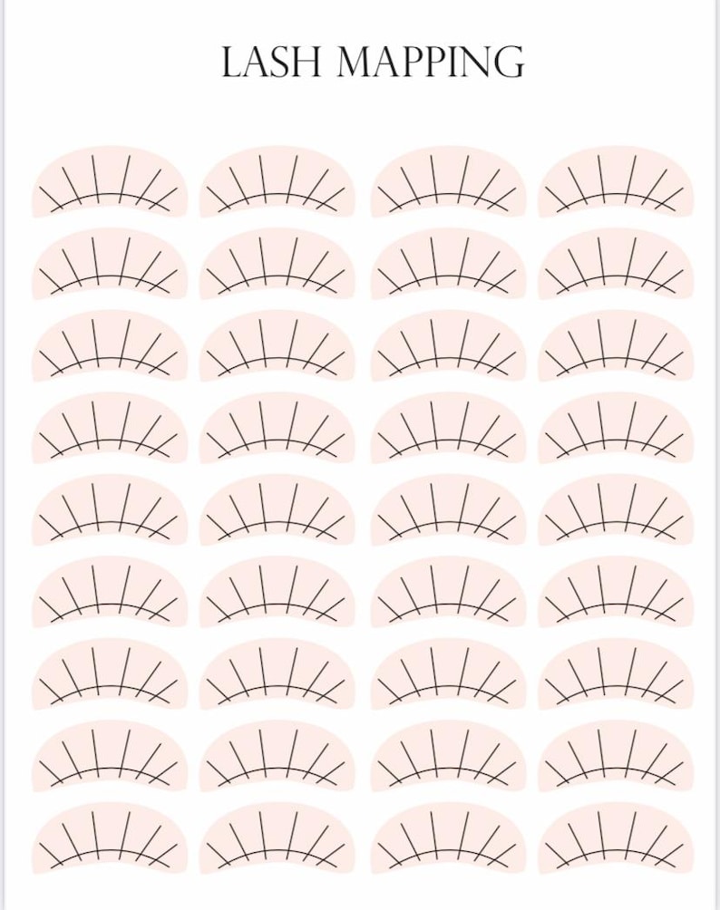 K&ouml;nnte beinhalten: Wei&szlig;er Hintergrund mit dem Text &bdquo;LASH MAPPING&ldquo; oben. Das Bild zeigt Reihen stilisierter Wimperndiagramme in Hellrosa, jeweils mit schwarzen Linien, die einzelne Wimpern darstellen.
