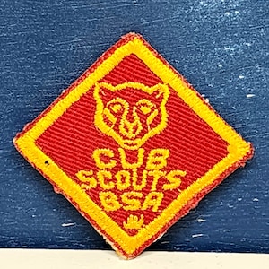 May include: A red diamond-shaped patch with a yellow border. The patch features a yellow bear cub with the text "CUB SCOUTS BSA" in yellow.