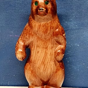 Faux Wood Bear With Green Rhinestone Eyes Figurine Made In Hong Kong