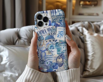 Santorini collage phone case, Greece Mediterranean, travel summer beachy coastal, Blue Aesthetic, Gift Idea Vacation iPhone 16 15 14 pro max