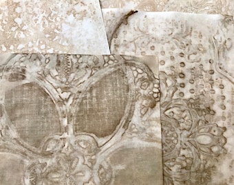 Grunge Lace Coffee Dyed Tea Dyed Paper with Lace Imprint, Coffee Stained, For use in Junk Journals, Mixed Media, Collage, Embellishments
