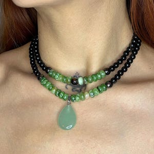 Green Aventurine Black Onyx Necklace, Aventurine Pendant Necklace, Chunky statement gemstone necklace, Handmade Gemstone Jewelry Necklace