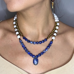 Stylish Lapis Lazuli & Moonstone Necklace, Lapis Lazuli Pendant Necklace, Moonstone Gemstone Jewelry, Handmade Blue White Statement Necklace