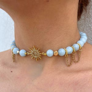 Aquamarine Choker Necklace, March Birthstone Gift, Tiny Aquamarine Gemstone Beaded Minimalist Choker, Natural Blue Gemstone Beads Necklace,