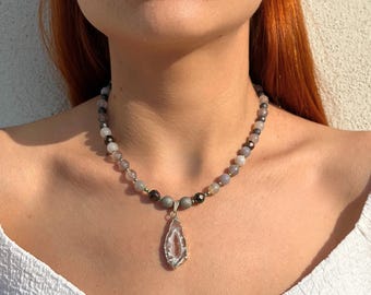 Handmade Druzy Agate Pendant Necklace: Labradorite & Titanium Beaded Gemstone Jewelry