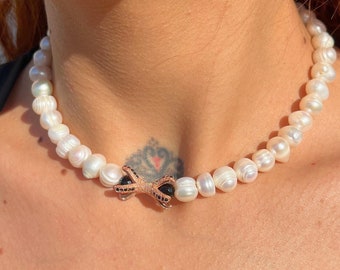 Handmade Freshwater Pearl Choker Necklace, Stainless Steel Clasp