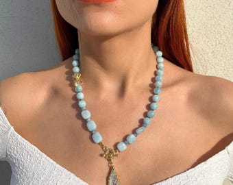 Handmade Aquamarine Necklace: Druzy Agate Pendant, Gold-Plated