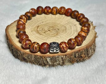 Men's Tibetan Agate Bracelet: Natural Stone, Stainless Steel Detail