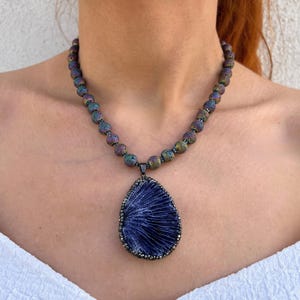 Handmade Rainbow Lava Stone Necklace, Natural Blue Coral Pendant Necklace, Rainbow necklace jewelry, Lava Beaded necklace, Gemstone Necklace