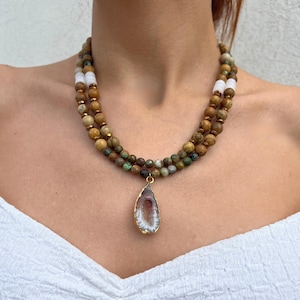 Jasper & Turquoise Necklace, Agate Pendant Necklace, Imperial Jasper Necklace, Sand Jasper Wood Gemstone Necklace, Healing Necklace Gift for
