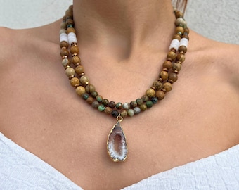 Handmade Jasper & Turquoise Necklace: Druzy Agate Pendant