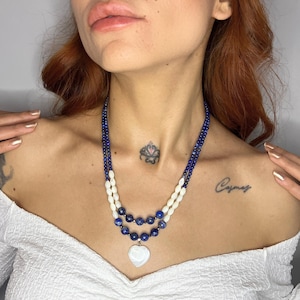 Natural Lapis Lazuli & Mother of Pearl Necklace, Lapis Lazuli Pendant Necklace, Pearl Gemstone Jewelry, Handmade Blue Statement Necklace