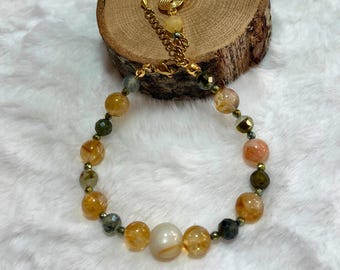 Handmade Citrine & Prehnite Beaded Bracelet with Moonstone Accent