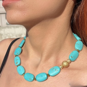 Turquoise Necklace, Chunky Necklace, Turquoise Beaded Necklace, Gemstone Necklace for Women, Necklace for Birthday Gift, Handmade Jewelry