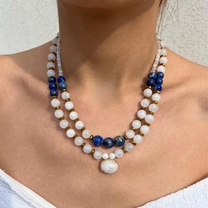 Moonstone & Lapis Lazuli Necklace, Moonstone Pendant Necklace, Lapis Lazuli Gemstone Necklace, Handmade Gemstone Jewelry, Moonstone Jewelry