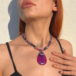 Agate Necklace, Agate Pendant, Purple Necklace Agatae, Purple Pink Pendant, Natural Gemstone Necklace, Statement Necklace, Birthday Gift
