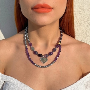 Beaded Fluorite Amethyst necklace, Amethyst Necklace, Fluorite gemstone necklace, Fluorite jewelry, natural Fluorite necklace, Amethyst