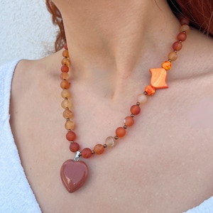 Orange Agate & Mother of Pearl Necklace, Starstone Pendant Necklace, Natural Orange Striped Agate Necklace, Orange Beaded Necklace for Women