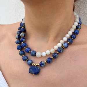 Lapis Lazuli & Moonstone Necklace, Lapis Lazuli Pendant Necklace, Moonstone Gemstone Necklace, Handmade Gemstone Jewelry, Moonstone Jewelry