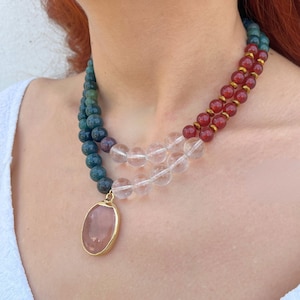 March Birthstone Necklace, Bloodstone Beads Necklace, Bloodstone Clear Quatz Agate Necklace, Smokey Quartz Pendant , Bloodstone Choker Gift