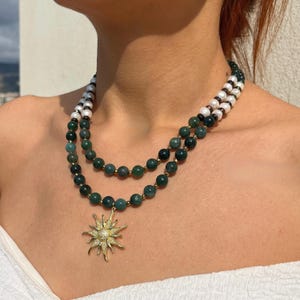 Moss Agate & Pearl Necklace, Moss Agate Stone Beads Choker Necklace, Moss Agate Crystal Dainty Choker, Layering Necklace, Gift for Her