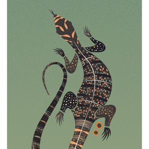 May include: Stylised illustration of a lizard with a long, curved tail on a green background. The lizard has a pattern of black, orange, and white dots and lines. The artwork has a graphic design aesthetic.