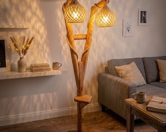 Lámpara de pie artesanal de madera flotante, iluminación con cuerda de yute, lámpara de pie estilo bohemio de madera natural.