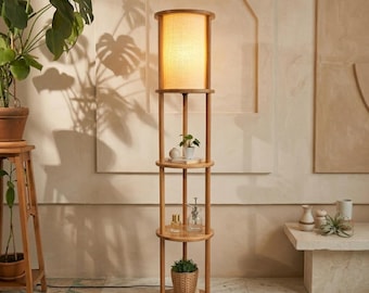 Lámpara de pie moderna con estante de madera de 3 niveles, lámpara alta de madera maciza para sala de estar, mesita de noche minimalista, iluminación de esquina de mediados de siglo
