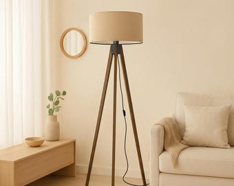 Modern Wood Tripod Floor Lamp, Mid Century Standing Light for Living Room, Minimalist Tall Lamp with Fabric Shade, Nordic Home Decor Gift