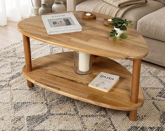 Mesa de centro moderna de madera maciza con almacenamiento de 2 niveles, mesa de centro ovalada de mediados de siglo, muebles de madera minimalistas, regalo de decoración para sala de estar de estilo escandinavo