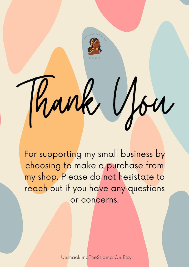 May include: A digital graphic with the words "Thank You" in a handwritten font. The background features pastel shapes in peach, blue, and pink. Text below expresses gratitude for supporting a small business.