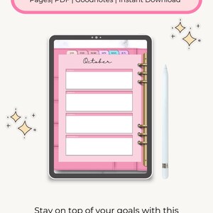 May include: Digital pink planner on a tablet, showing a monthly layout for October. Includes a white stylus and decorative stars. The planner is designed for undated use, with monthly, weekly, and daily pages.