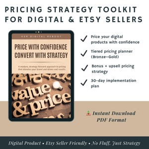 Puede incluir: Anuncio de una herramienta de estrategia de precios digital para vendedores de Etsy. La imagen muestra una tableta que muestra el texto "Price with Confidence Convert with Strategy". Los puntos resaltan características como la planificación de precios y un plan de 30 días.