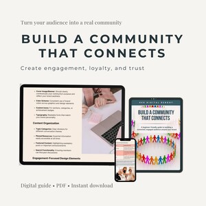 May include: Image promoting a digital guide titled "Build a Community That Connects." The image features a tablet, phone, and laptop displaying the guide's content. The guide aims to help build a connected and engaged audience.