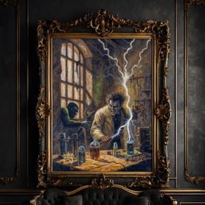Gekke wetenschapper kunstafdruk | Klassieke horror muurkunst | Gotisch monsterdecor | Halloween-labafdruk | 270