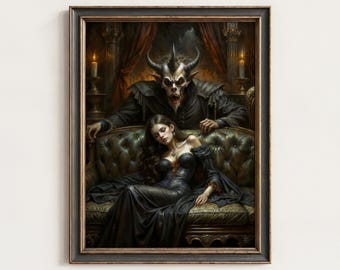 May include: Framed gothic art print featuring a woman in a black gown reclining on a green tufted sofa, with a horned demon figure looming behind her. The artwork has a dark, dramatic aesthetic with candlelit accents.