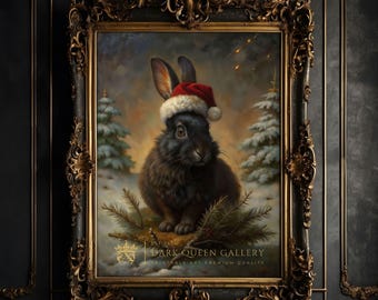 Weihnachten Black Rabbit Winter Print - Stimmungsvolle Wandkunst, druckbare Ölmalerei, digitales Kunstwerk, gemütliches Feiertagsdekor | 01