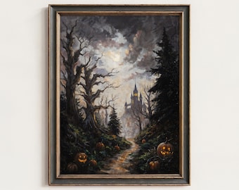 May include: A framed painting with a Halloween theme, showing a path through a forest leading to a castle under a cloudy sky. The artwork features gnarled trees, glowing pumpkins, and a dark, ominous atmosphere. The frame is dark grey with a gold inner edge.