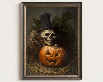 May include: A framed wall art print featuring a human skull wearing a black top hat, positioned behind a carved orange jack-o'-lantern pumpkin. The scene is set amidst dry straw and dark foliage, captured in a dark, painterly style.