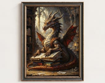 Book Dragon Gothic Print - Dark Academia Wall Art | Magical Library Decor | Digital Download | 310