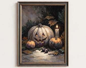 May include: A framed painting of a Halloween still life. A large, carved pumpkin with a grinning face is surrounded by smaller pumpkins, autumn leaves, and a lit candle. The artwork has a vintage, rustic feel with muted colours.