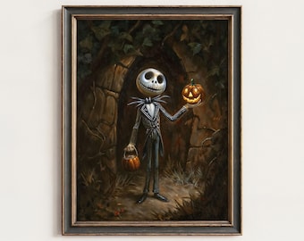 Pode incluir: Obra de arte emoldurada com Jack Skellington de O Estranho Mundo de Jack. Ele está em pé em uma entrada escura em arco, segurando uma lanterna de abóbora brilhante. Um pequeno balde de abóbora pende de sua outra mão. A obra de arte tem uma estética sombria e gótica.